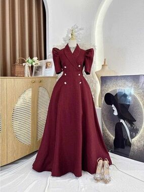 Elegant Burgundy Puff-Sleeve Double-Breasted Maxi Dress